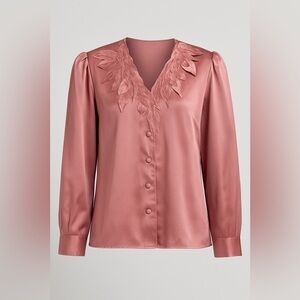 Kathy Che New York Vintage Pink Satin Blouse – Floral Applique V-Neck L